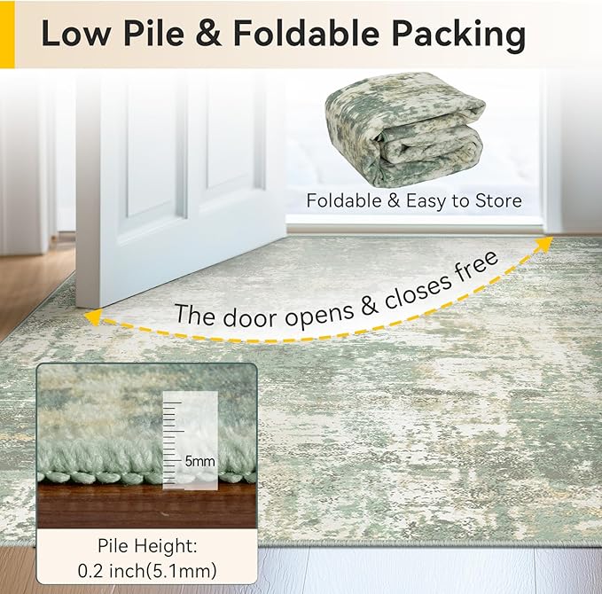Washable Area Rugs 6'x8' Non-Slip Modern Abstract Soft for Living Room Entryway Bedroom Nursery, Print Pattern, Light Green/Yellow