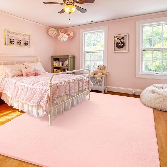 Amearea Modern Area Rugs for Bedroom Living Room, 4x6 Feet Pink Thickened Memory Foam Rug, Fluffy Indoor Washable Rugs Non Slip Minimalist Carpet for Kids Boys Girls Dorm Nursery Room Decor