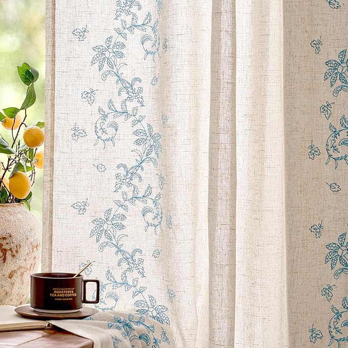 jinchan Evelyn Embroidered Linen Curtains 63 inch Floral Curtains for Living Room Bedroom Farmhouse Cottagecore Semi Sheer Light Filtering Window Drapes Rod Pocket Back Tab 2 Panels W50 x L63 Blue