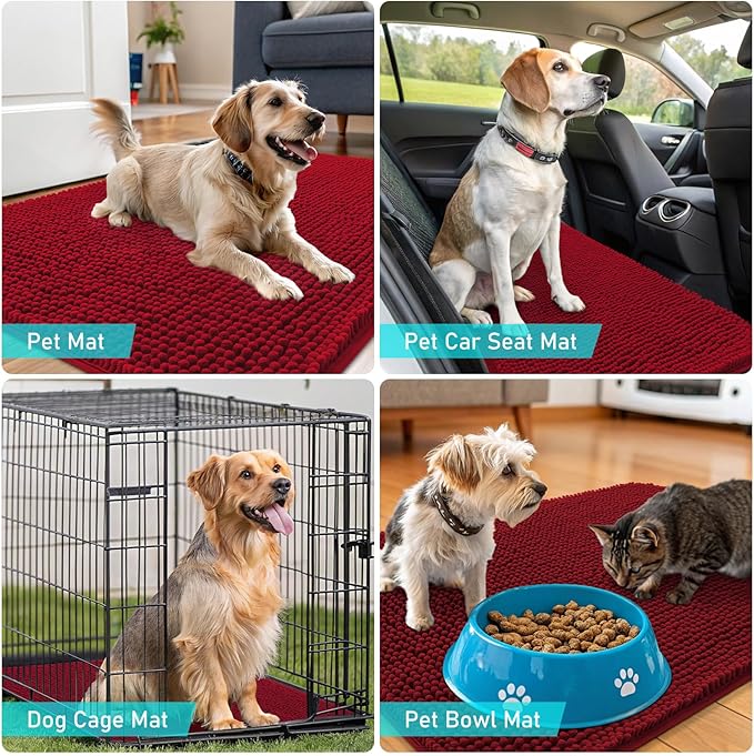 OLANLY Dog Door Mat for Muddy Paws 40x32, Absorbs Moisture and Dirt, Absorbent Non-Slip Washable Doormat, Quick Dry Chenille Mud Mat for Dogs, Entry Indoor Entryway Carpet for Inside Floor, Red