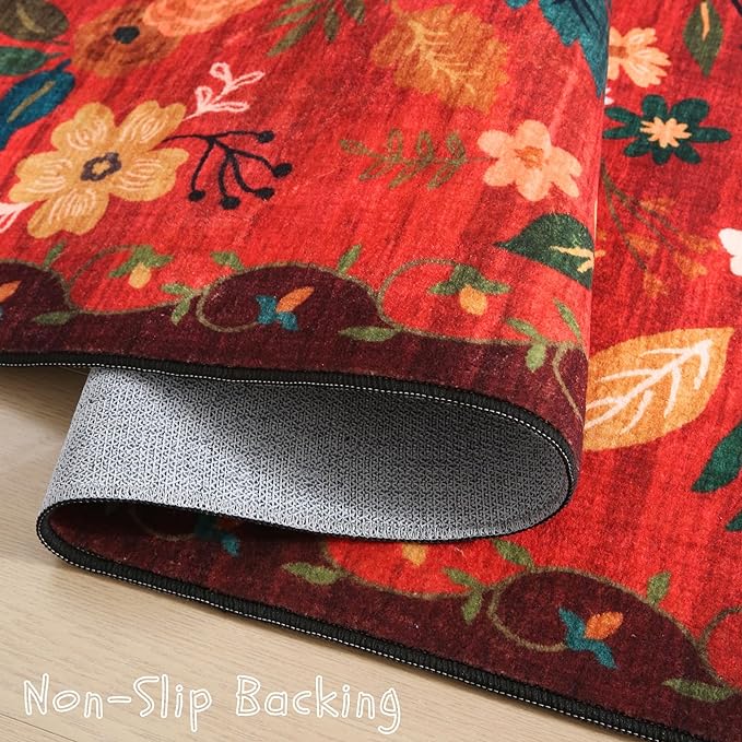 Rugcomf Runner Rug for Hallways Kitchen Rug Non Slip 2'6''x8' Washable Runner Rugs with Rubber Backing Soft Floral Carpet Runner for Hallways, Kitchen, Laundry, Bedroom, Bathroom(Red)