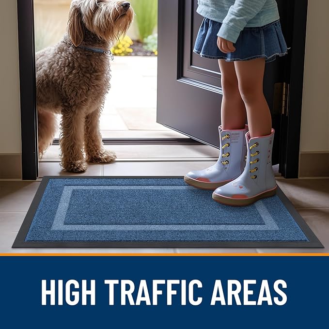 OLANLY Front Door Mat Indoor Outdoor Entrance, Waterproof All-Season, All-Weather Doormat, Sturdy Natural Rubber, Fade Resistant, Low Profile, Easy Clean Patio Porch Entryway Mat, 47x23, Light Blue