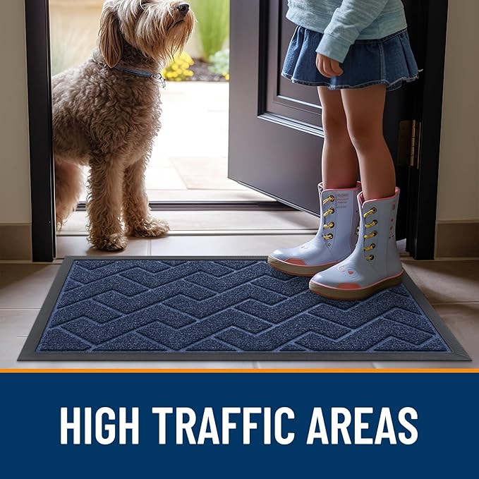 OLANLY Front Door Mat Indoor Outdoor Entrance, Waterproof All-Season, All-Weather Doormat, Sturdy Natural Rubber, Low Profile, Easy Clean Patio Porch Entryway Mat, Herringbone Brick (Blue, 47x32)