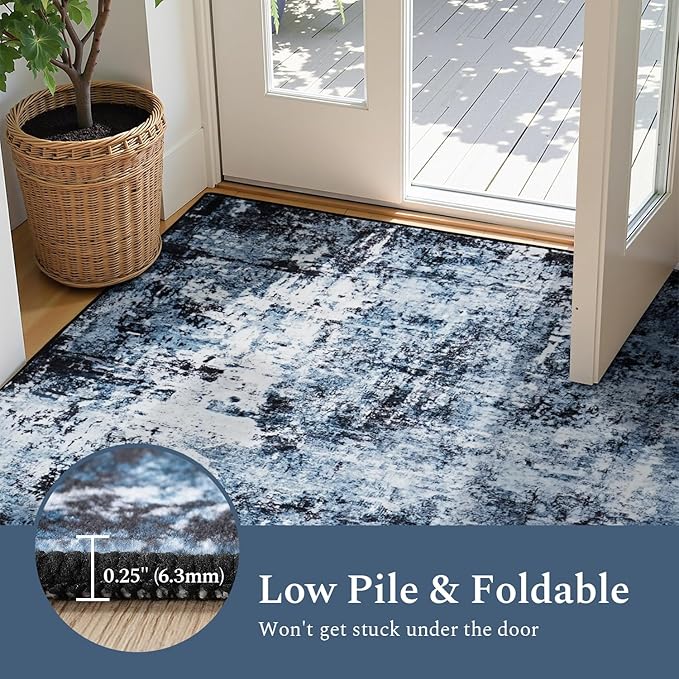 Rugflix Round Area Rugs 4Ft for Living Room, 4x4 Washable Rug Stain-Resistant Low Pile, Modern Dark Carpet for Dining Room Home Office Kid Room Nursery Bedroom, Navy Blue/Black