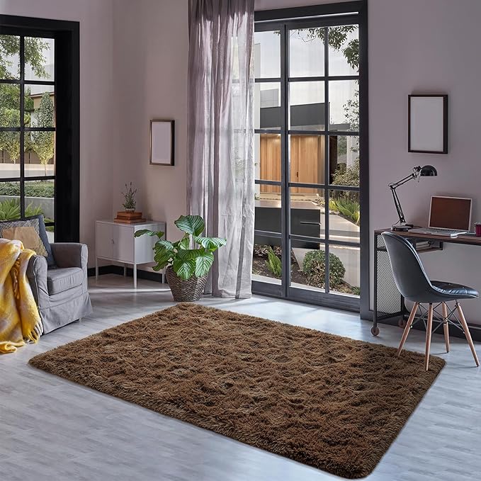 Goideal Fluffy Rug for Bedroom Living Room, 6x9 Brown Area Rugs, Faux Fur Shag Modern Carpet Ultra Soft Girls Boys Room Home Decor, Solid