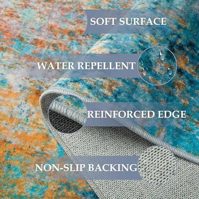 Washable Area Rugs 2'x10' Non-Slip Modern Abstract Soft for Living Room Entryway Bedroom Nursery, Print Pattern, Teal Blue Green Orange Rust Red Coloreful