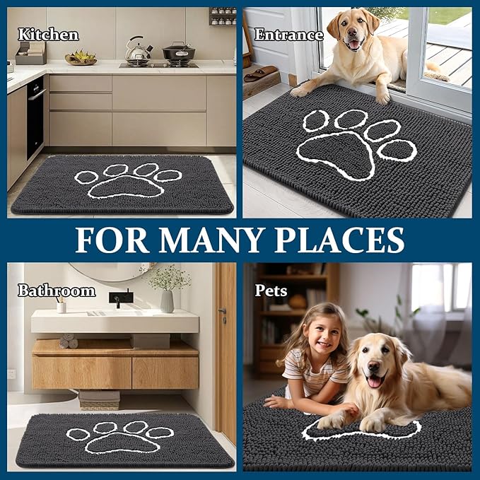 OLANLY Dog Door Mat for Muddy Paws 48x30, Paw Print Design, Absorbs Moisture and Dirt, Absorbent Non-Slip Washable Doormat, Quick Dry Chenille Mud Mat for Dogs, Entry Indoor Entryway Carpet, Dark Grey