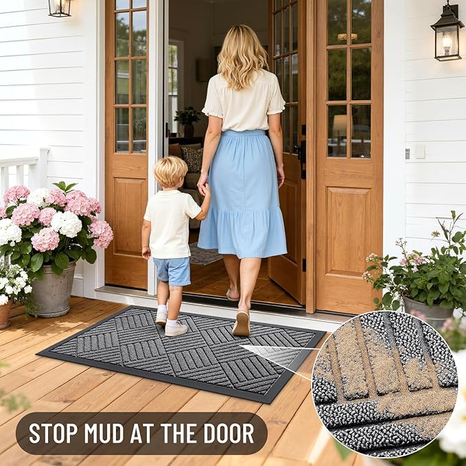 OLANLY Front Door Mat Outside Entrance 47x17, Absorbent, Heavy Duty Sturdy Natural Rubber Doormat Indoor Outdoor, Stain and Fade Resistant, Non-Slip Low Profile Floor Mat for Entryway, Grey Diamond