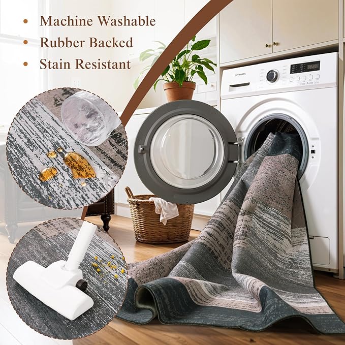 LIANLAM 9x12 Washable Area Rugs for Living Room and Bedroom, Vintage Checkered Pattern Non-Slip Carpet, Stain Resistant Low Pile Soft Rug for Dining Room,Office,Nursery,Kids Room(9x12,Chocolate)