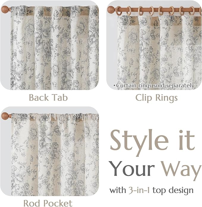 jinchan Linen Blend Curtain Floral Curtains for Living Room 96 Inch Length Grey Printed Curtain Rod Pocket Back Tab Farmhouse Peony Flower Patterned Drapes Bedroom Window Curtains Set 2 Panels