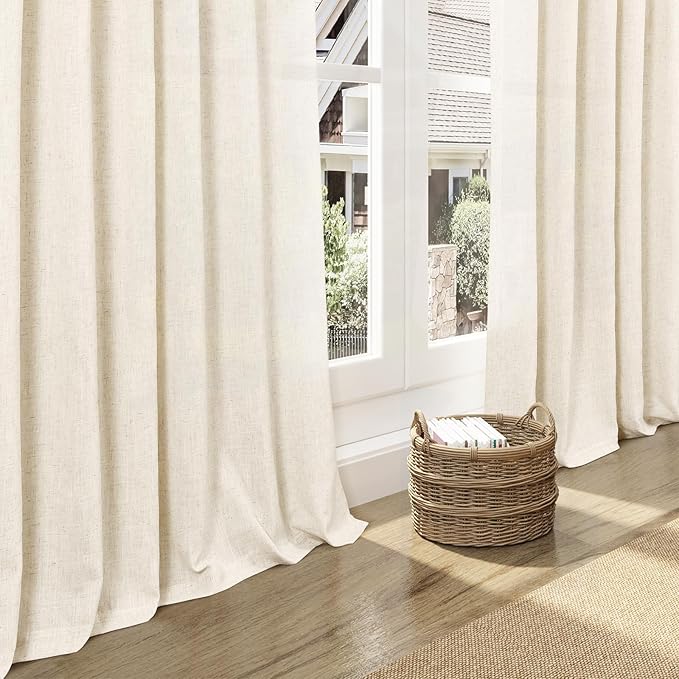 Nanspring Warm Beige Linen Curtains Semi Sheer 96 Inches Long 2 Panels Set for Living Room Back Tab Rod Pocket Light Filtering Drape for Bedroom Modern Farmhouse Coastal Decor Protect Privacy 52x96