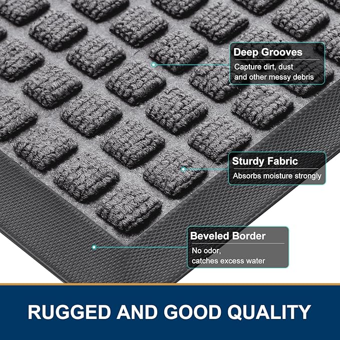 Smiry Front Door Mat Outside Entrance, Heavy Duty Natural Rubber Doormat, Non Slip, Trap Dirt and Moisture, Easy Clean, Low Profile Welcome Floor Mats for Indoor Outdoor Entry, 35x23 Inch, Mix Grey