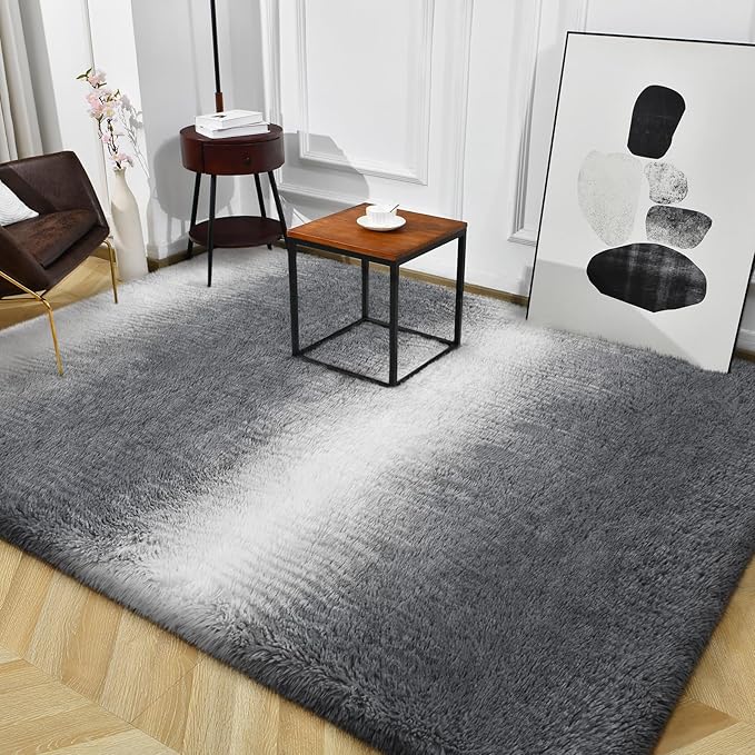 TWINNIS Super Soft Shaggy Rugs Fluffy Carpets, 5x8 Feet, Indoor Modern Plush Area Rugs for Living Room Bedroom Kids Room Nursery Home Decor, Upgrade Anti-Skid Rectangular Fuzzy Rug, Grey White