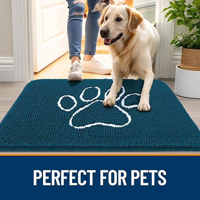 OLANLY Dog Door Mat for Muddy Paws 70x24, Paw Print Design, Absorbs Moisture and Dirt, Absorbent Non-Slip Washable Doormat, Quick Dry Chenille Mud Mat, Entry Indoor Entryway Carpet, Atlantic Blue