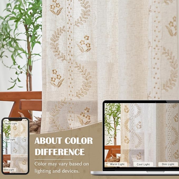 jinchan Belrose Linen Curtains for Bedroom Floral Curtains 108 Inch Length Linen Blend Beige Embroidered Drapes Farmhouse Flower Patterned Drapes for Living Room Window Treatments Set 2 Panels