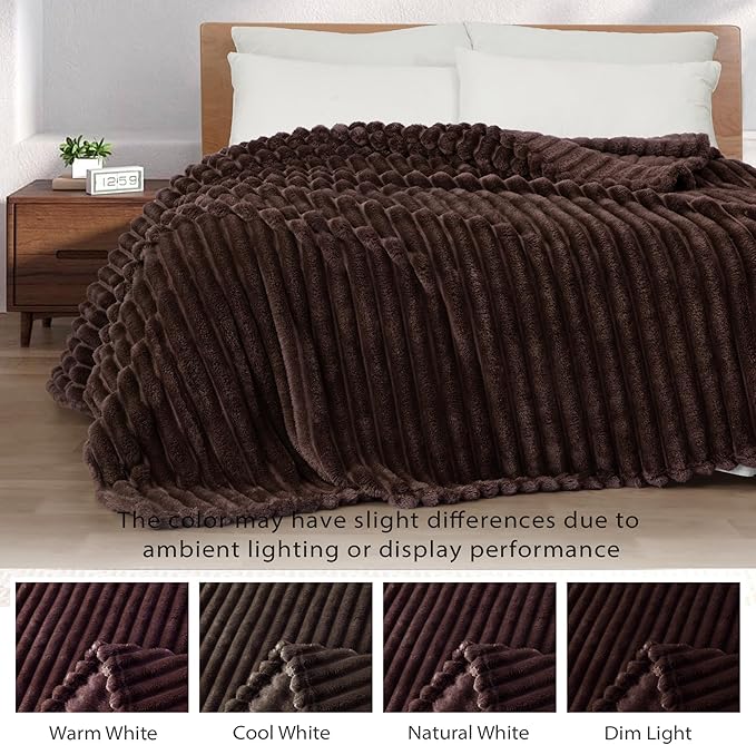 Exclusivo Mezcla King Size Flannel Fleece Blanket, Super Soft Striped Jacquard Bed Blanket, Lightweight Fuzzy Cozy for All Seasons, 90x104 Inches, Coffee