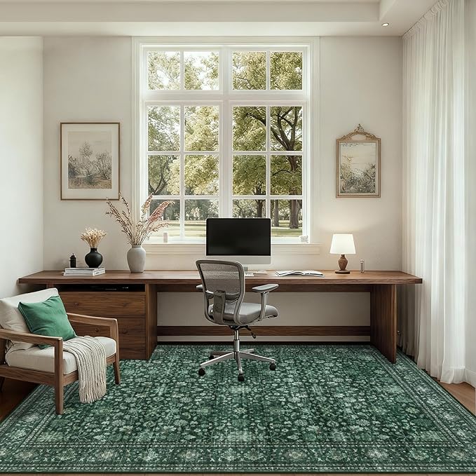 6x9 Area Rugs Living Room Rug: Washable Vintage Distressed Floral Rug No Slip Stain Resistant Soft Carpet Indoor Large Carpets for Bedroom Dining Room Farmhouse Nursery Home Office Deep Green