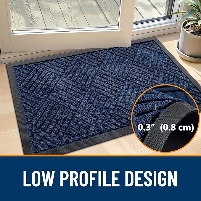 OLANLY Front Door Mat Outside Entrance 59x34, Absorbent, Heavy Duty Sturdy Natural Rubber Doormat Indoor Outdoor, Stain Fade Resistant, Non-Slip Low Profile Floor Mat for Entryway, Navy Blue Diamond