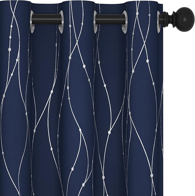 Deconovo Short Kitchen Curtains, Navy Blue Blakcout Curtain 38 x 45 Inch, Thermal Insulated Soundproof Drapes with Silver Wave Dots Prit, Grommet Top, Machine Washable for Nursery Bedroom Living Room
