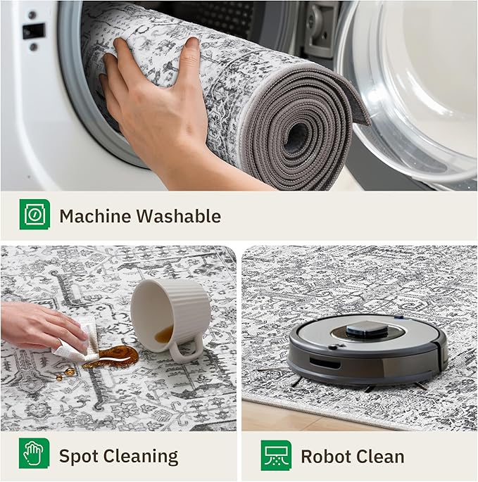 Hallway Washable Runner Rug 2x10 - Non Slip Vintage Kitchen Runner Rugs for Entryway Low-Pile Waterproof Long Runners for Living Room Bedroom Medallion Indoor Floor Mat for Bathroom Laundry Grey