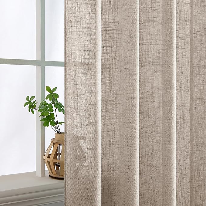 MIULEE Natural Linen Curtains 96 Inches Long 2 Panels for Bedroom Living Room, Soft Linen Textured Window Drapes Semi Sheer Light Filtering Back Tab Rod Pocket Farmhouse Modern Burlap Look Decor