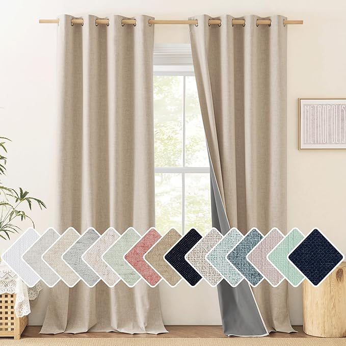 NICETOWN Full Blackout Oatmeal Linen Curtains 102" Length with Thermal Insulated Liners for Living Room, 2 Panels, 52 inches W, Farmhouse Style Keep Warm Large Window Draperies for Hall