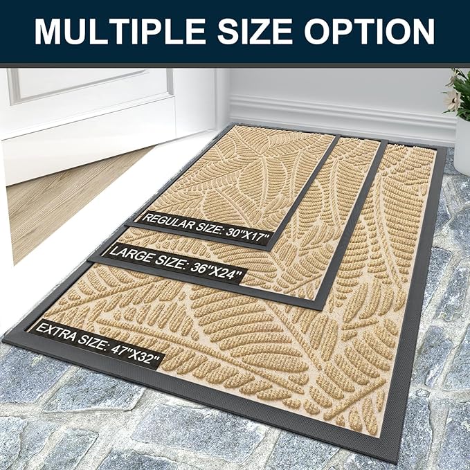 Colorxy Waterproof Doormat, Sturdy Natural Rubber Front Indoor Mat, Non Slip Low Profile Indoor Outdoor Door Mats, Stain and Fade Resistant Floor Mat, Easy Clean Patio Entrance Mat, 48''x32'', Beige