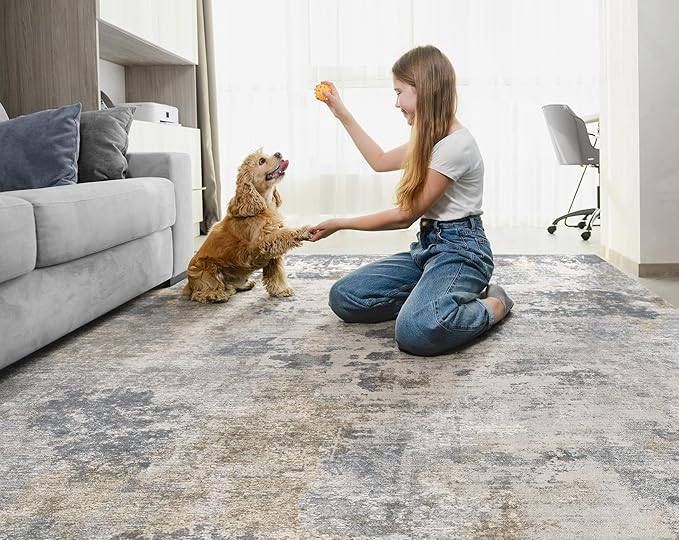 UERMEI 6x9 Area Rug Living Room Rugs - Washable Neutral Modern Abstract Soft Thin Large Rug Indoor Floor No Slip Rug Carpet for Bedroom Under Dining Table Home Office Decor - Blue Grey