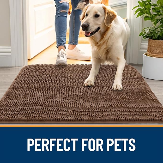 OLANLY Dog Door Mat for Muddy Paws 47x17, Absorbs Moisture and Dirt, Absorbent Non-Slip Washable Doormat, Quick Dry Chenille Mud Mat for Dogs, Entry Indoor Entryway Carpet for Inside Floor, Mocha