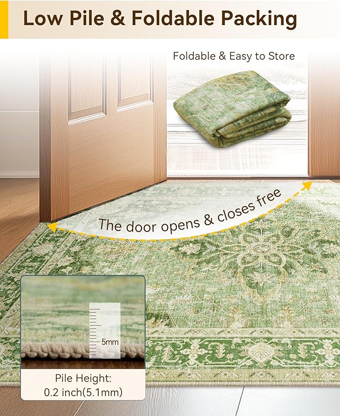 RELEANY Area Rugs 3'x10' Runner Rug Non Slip Washable for Kitchen Hallway Bedroom Beside Laundry Room Bathroom Rug, Floor Carpet, Sage Green Yellow