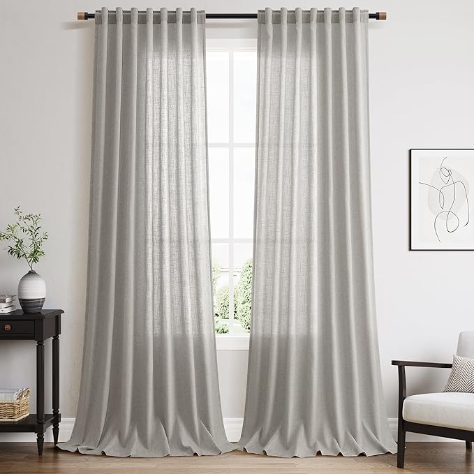 Nanspring Light Gray Linen Curtains for Living Room 120 Inches Long Back Tab Light Filtering Semi Sheer Curtain Extra Long Simple Modern Floor to Ceiling Grey Drapes for Bedroom 52x120, 2 Panels