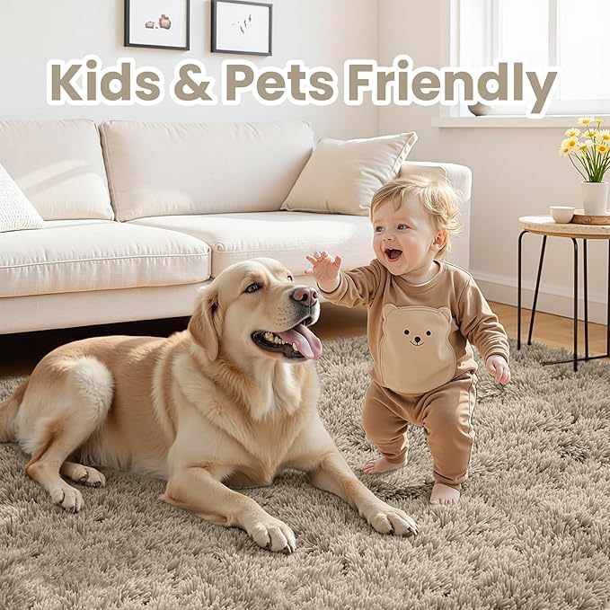 5x7 Area Rugs for Living Room: Soft Fluffy Shag Gray Camel Rugs for Bedroom, Non-Slip Large Fuzzy Plush Rug Indoor Floor Carpet for Nursery Kids Boys Girls Room, Dorms, Playroom, Modern Home Decor
