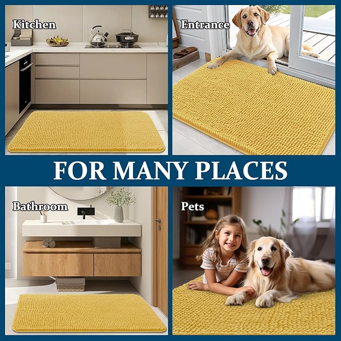 OLANLY Dog Door Mat for Muddy Paws 70x32, Absorbs Moisture and Dirt, Absorbent Non-Slip Washable Doormat, Quick Dry Chenille Mud Mat for Dogs, Entry Indoor Entryway Carpet for Inside Floor, Yellow