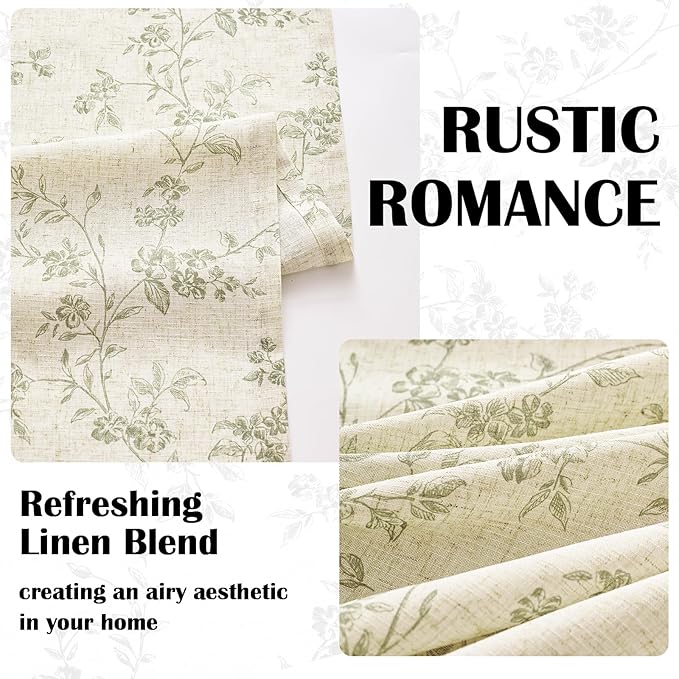 Lazzzy Green Floral Linen Curtains 90 Inch Farmhouse Back Tab Drapes for Living Room Bedroom Light Filtering Vintage Grandmillennial Rod Pocket Curtains, 2 Panels, W38 x L90, Green on Beige