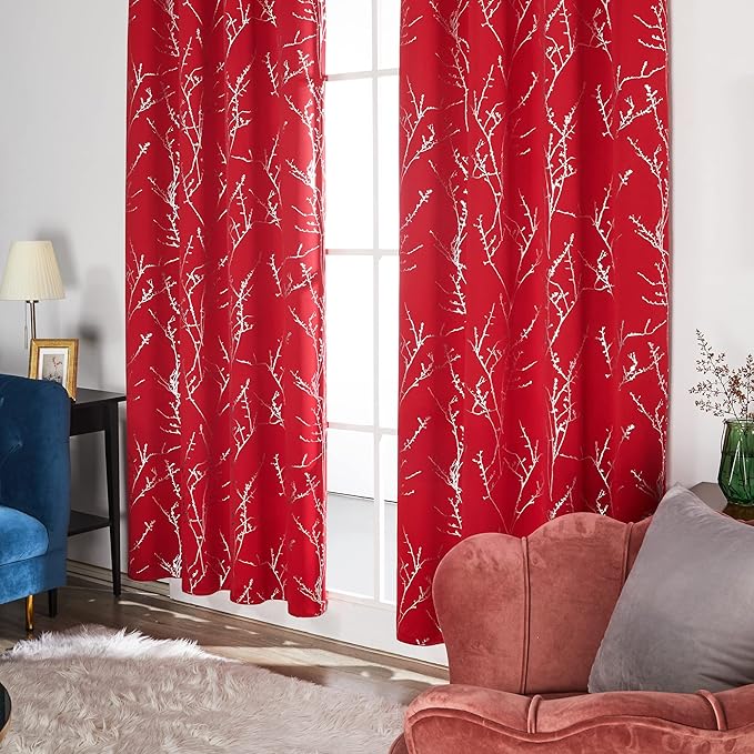Deconovo Christmas Red Curtains, Blackout Drape, Soundproof Curtain, Silver Print, 52 x 108 Inch Long, 2 Panels, Machine Washable Window Panel for Living Room Bedroom Festival Party Decoration Kitchen