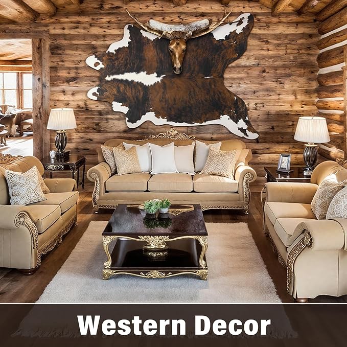 AROGAN Western Decor Faux Fur Cowhide Rug, 5.2x6.3 Feet Premium Animal Skin Cow Hide Rug, Sturdy Cow Print Rugs for Wall Decor, Western Floor Carpet for Bedroom Living Room, Black and Brown