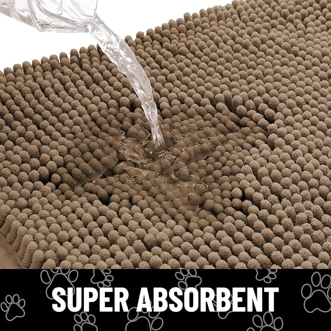 Smiry Dog Door Mat for Muddy Paws, Absorbent Dirt Trapper Non Slip Quick Dry Washable Chenille Mat for Mud Dogs, Entry Rug for Indoor and Outdoor (47x24 Inches, Camel and Black)
