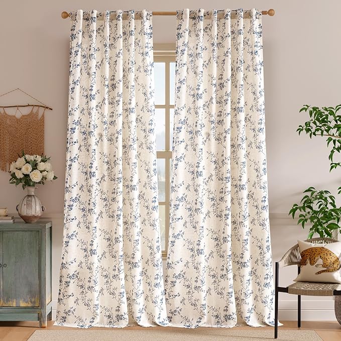 Lazzzy Farmhouse Linen Curtains Blue Floral Curtains 96 Inch Long Back Tab Drapes for Living Room Bedroom Light Filtering Country Vintage Rod Pocket Curtain, 2 Panels, Blue on Beige