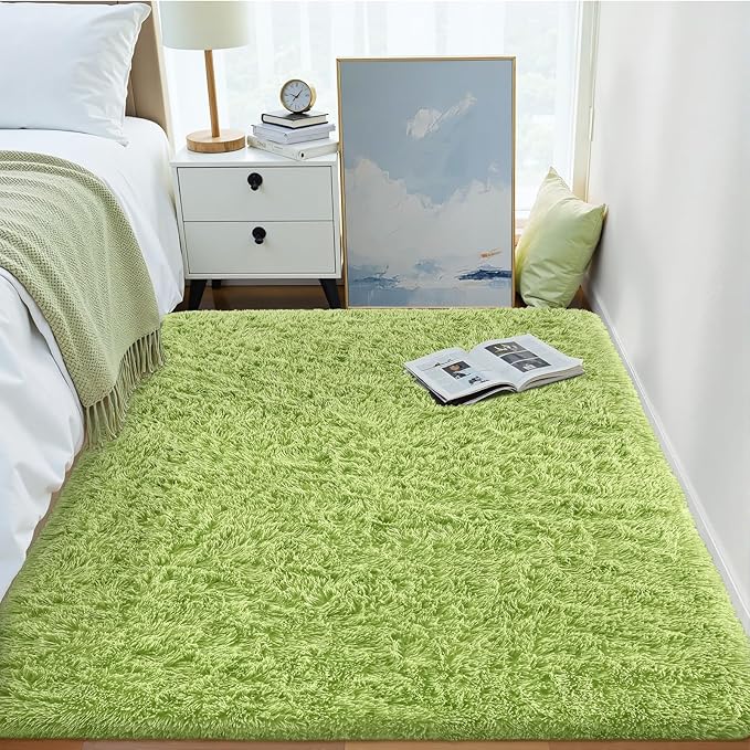 OLANLY Area Rugs for Living Room Bedroom, Machine Washable 4x5.9 ft Soft Fluffy Shaggy Bedside Rug, Indoor Floor Carpet for Kids Girls and Boys, Dorms, Nursery Rooms, Home Decor Aesthetic, Grass Green