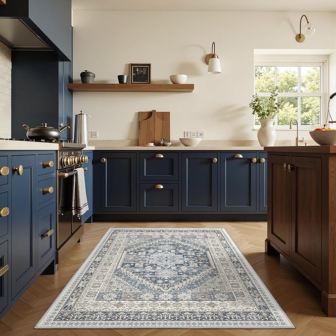 3x5 Washable Area Rug for Entryway, Kitchen Rugs Non Slip for Dining Room, Vintage Floral Soft Living Room Rug, Thin Area Rug Indoor for Bedroom, Kids Room Decor(Blue/Beige,3'x5')