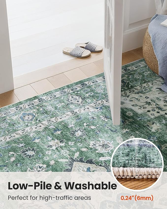 AMADA HOMEFURNISHING 2'6"x10' Washable Area Rug, Low-Profile Entryway Rug with Non-Slip Backing & Durable Edge Binding, Vintage Rug Pattern, Small Rugs for Entryway, Kitchen & Living Room