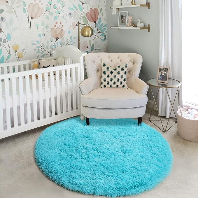 Amdrebio Blue Round Rug 5Ft for Bedroom, Fluffy Circle Area Rugs for Kids Room Baby Nursery Playroom, Living Room Decor Aesthetic, Plush Shaggy Fuzzy Turquoise Carpet for Apartment Preppy Classroom