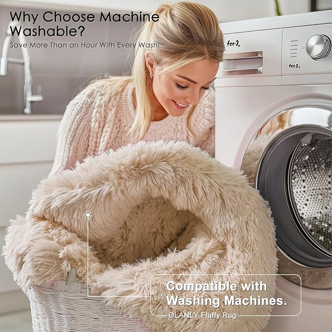 OLANLY Beige Round Rugs for Bedroom - Machine Washable, 2 ft Circle Area Rugs for Living Room, Soft and Fluffy Shaggy Carpet for Teen Girls and Boys, Nursery Rooms, Dorms, Home Decor Aesthetic