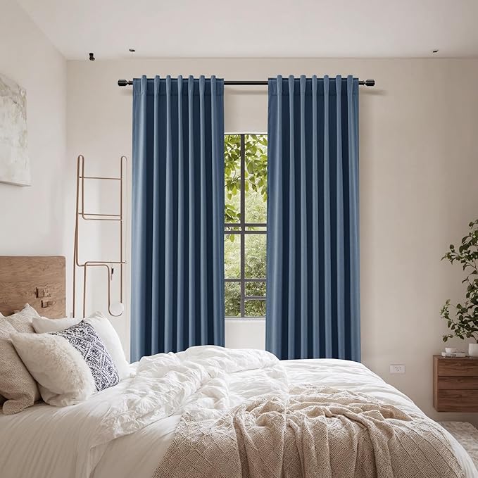 Guken 100% Blackout Curtains 108 Inch Length 2 Panels Set for Living Room Bedroom Back Tab Thermal Insulated Black Out Linen Drapes Room Darkening Window Curtains 108 Inches Long,Denim Blue