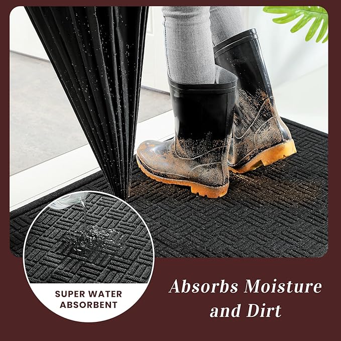 Mibao Front Door Mat Indoor Outdoor Entrance, Dirt Trapping Waterproof All-Season, All-Weather Doormat, Non-Slip Durable Natural Rubber Low Profile Easy Clean Patio Entrance Mat, 61.5" x 36", Black