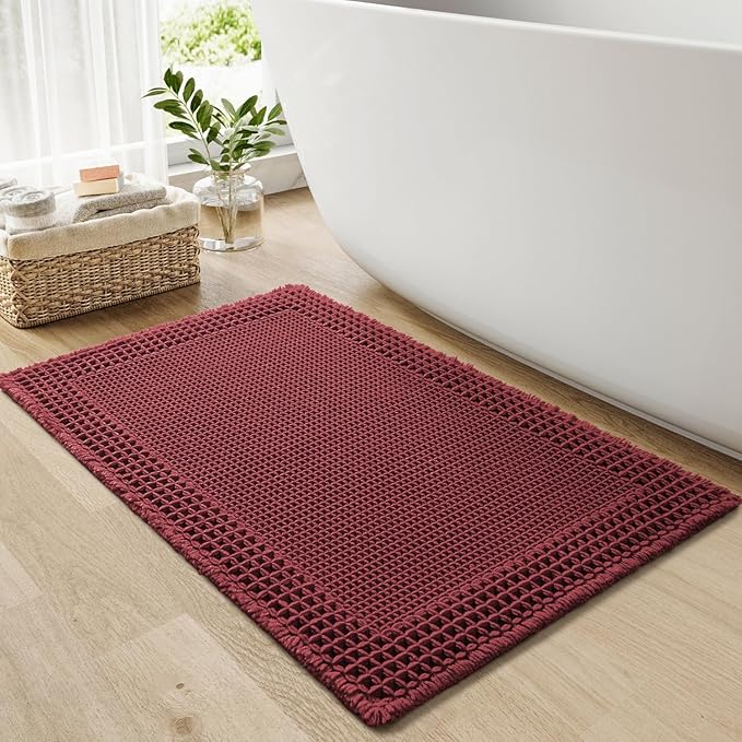 RESARE Waffle Bath Mat for Bathroom, Super Absorbent Bathroom Rugs Non Slip Machine Washable, Ultra Soft Quick Dry Boho Bath Rugs with Tassels for Floor, Upgraded Bordered Design, 24"x36" Dark Red