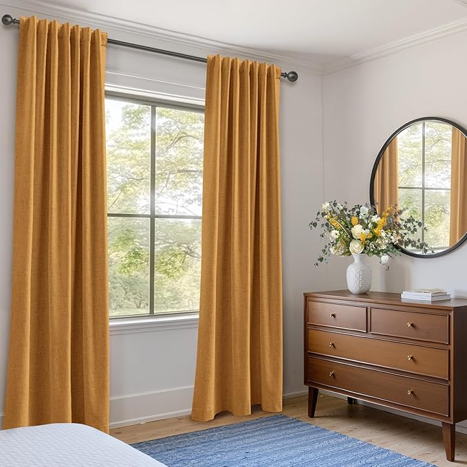 100% Blackout Shield Linen Blackout Curtains for Bedroom 96 Inches Long,Back Tab/Rod Pocket Living Room Drapes,Thermal Insulated Textured Blackout Curtains 2 Panels Set,50" W x 96" L,Mustard Yellow