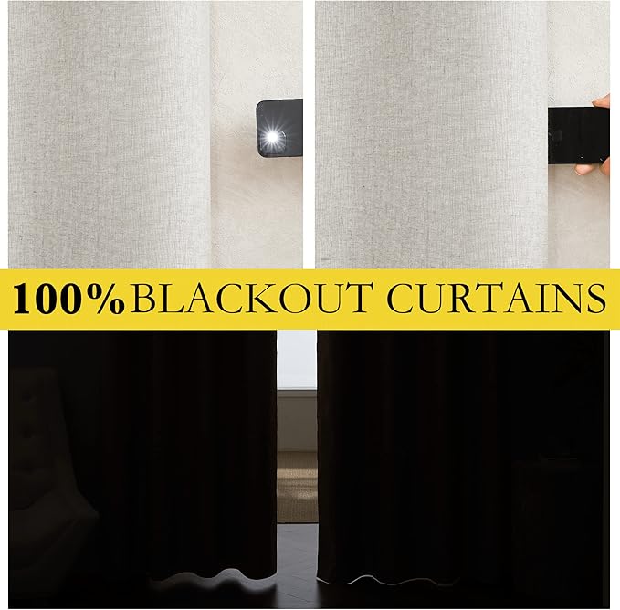 NICETOWN 100% Absolutely Blackout Linen Curtains with Thermal Insulated White Liner, Ivory, 52" Wide, 2 Pieces, Privacy Vertical Window Drapes for Office Laundry Living Room Windows 84 inch Long
