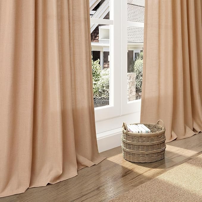 Nanspring Camel Linen Curtains for Living Room 94 Inches Long Back Tab and Rod Pocket Light Filtering Semi Sheer Vintage Rustic Curtain Luxury Boho Decor Drapes for Bedroom Office 52x94, 2 Panels
