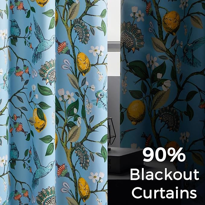 Topfinel Blue and Gold Unique Blackout Curtains 63 Inches Long 2 Panels, Floral Hummingbird Lemon Printed Colorful Energy Efficient Antique Noise Grommet Drapery Treatment for Window Nursery Classroom